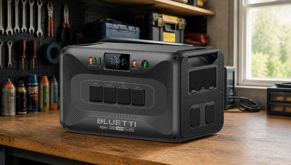 BLUETTI Apex 300 power station on wooden workbench