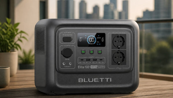 BLUETTI Elite 100 V2 on modern balcony city skyline