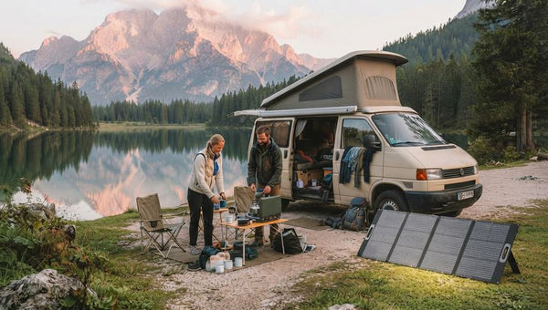 Campeggio in camper con power station sul lago di montagna