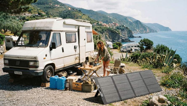 Camper al mare con accessori per camperisti