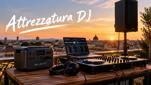 Attrezzatura DJ con controller, laptop e BLUETTI su terrazza