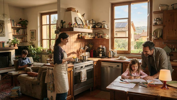 Famiglia in cucina con generatore solare per casa
