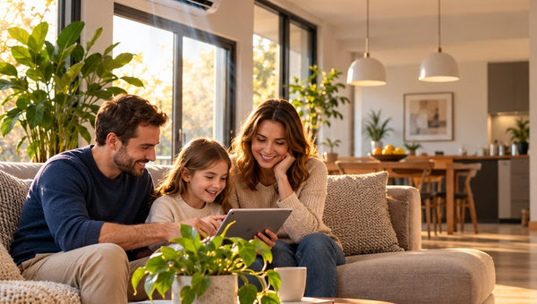 Famiglia con tablet in un soggiorno luminoso