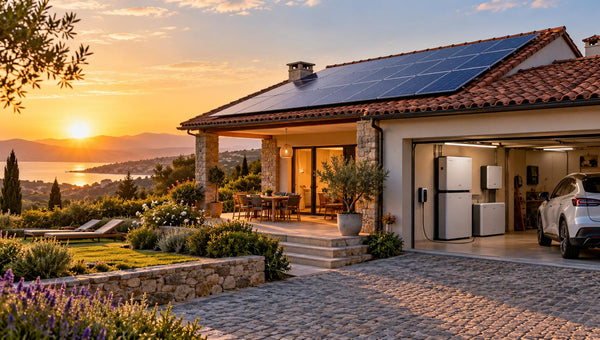 Casa con pannelli fotovoltaici e accumulo energetico al tramonto