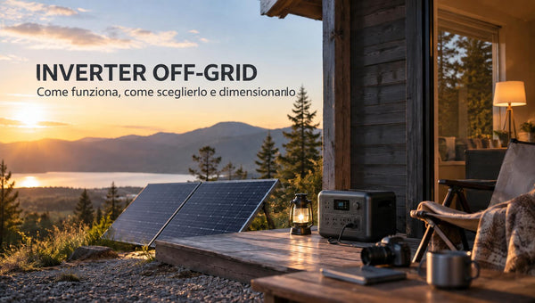 Inverter off-grid con pannelli solari davanti a baita