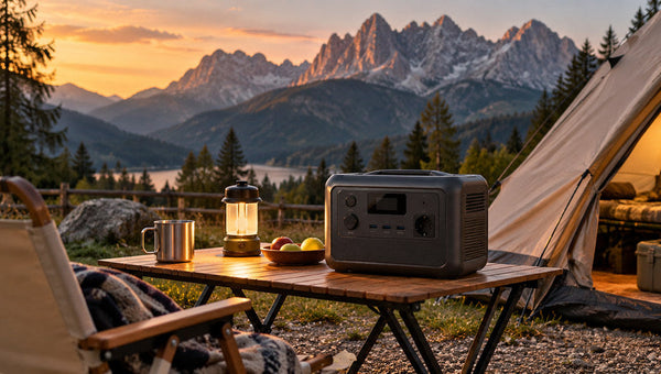 Campeggio in montagna con tenda e lanterna al tramonto