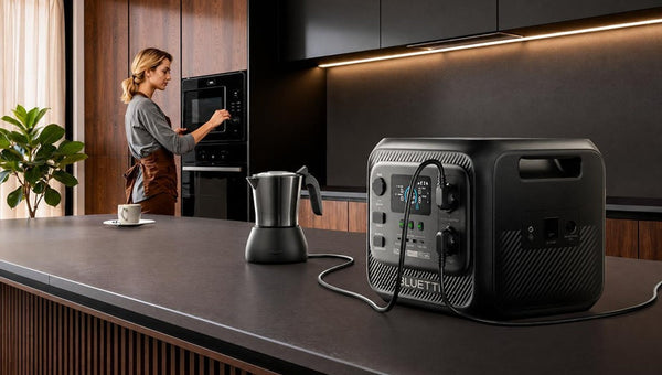 Centrale elettrica portatile alimenta elettrodomestici in cucina moderna