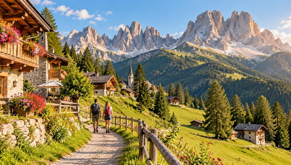 Escursionisti tra baite e montagne delle Dolomiti
