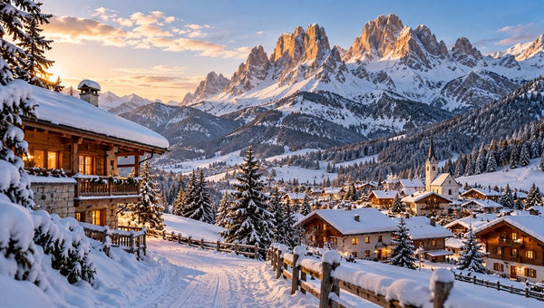 Villaggio alpino innevato all’alba con chalet e montagne