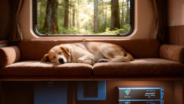 Cane dorme nel camper sopra un sistema energetico BLUETTI integrato